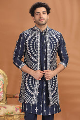 Blue Silk Embroidered Jacket Kurta Set
